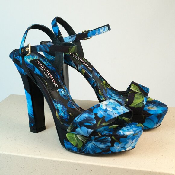 Dolce & Gabbana Keira Floral Ankle Strap Platform Sandals, Blue, Size 40 - Picture 1 of 12